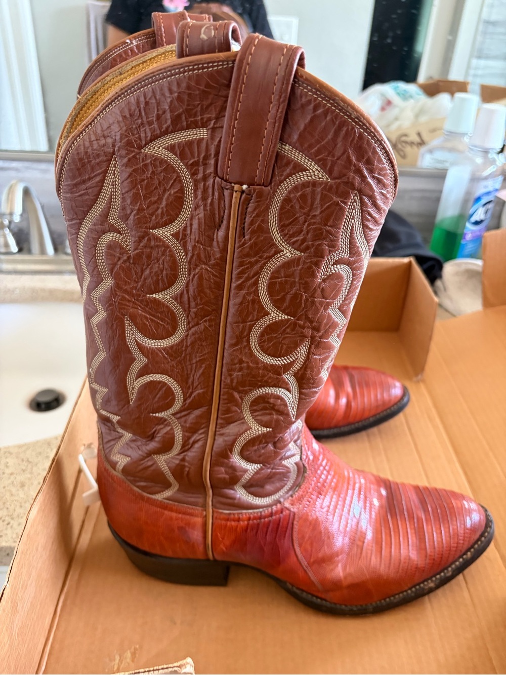 Tony Lama Two-Tone Red Brown Western Cowboy Boots
